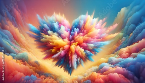 This piece depicts a heart-shaped cloud explosion bursting with a vivid spectrum of colors, set in a dreamy sky
