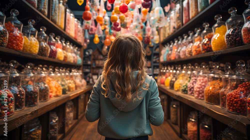 Fototapeta premium Small Child Walking Amidst a Bountiful Display of Glass Candy Jars at a Market Filled with Endless Varieties of Colorful Confections and an Abundant Selection of Sweet Treats. Generative AI.