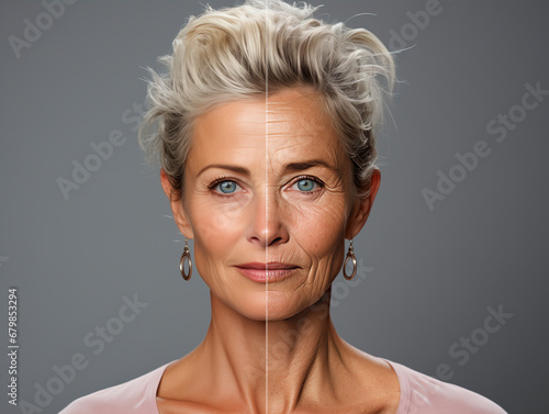 Front portrait of mature woman. Half of the face with well-kept and smooth skin and the other half with aged and withered skin