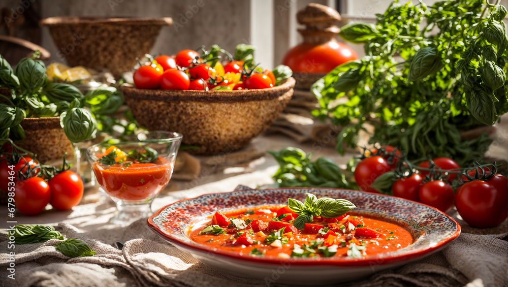 Traditional spanish gazpacho soup with tomatoes and basil in the kitchen