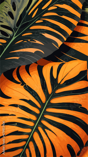 Bright Orange Monstera Leaf: Flat 2D Seamless Vector