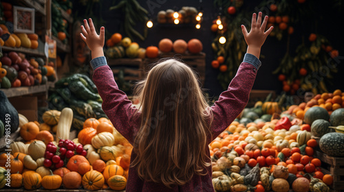 Back View of a Small Child Reaching Up Toward a Bountiful Display of Food Piled High at a Market with a Variety of Fresh Fruits and an Abundant Selection of Colorful Vegetables. Generative AI. photo