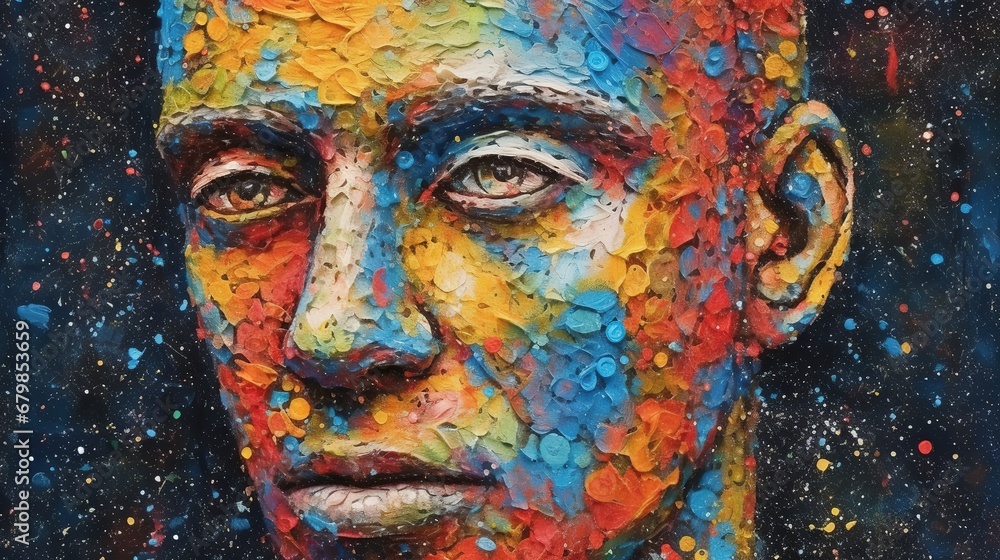 Close-up of a male face depicted in paste painting technique with splashes of paint. Illustration for cover, card, postcard, interior design, decor or print.