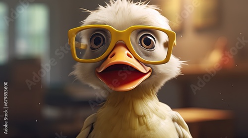 A duck wearing glasses. Close-up portrait of a duck. Anthopomorphic creature. A fictional character for advertising and marketing. Humorous character for graphic design. © Login