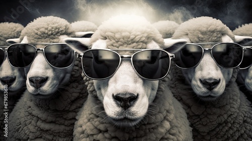 Sheep with glasses. Close-up portrait of a sheep. An anthopomorphic creature. A fictional character for advertising and marketing. Humorous character for graphic design. © Login