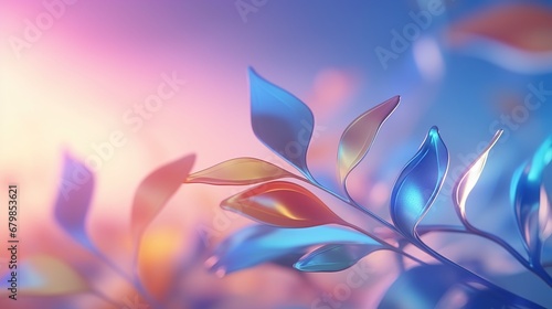 A branch with translucent glass or plastic leaves in blue-violet colors on a gradient background. Illustration for cover, card, postcard, interior design, banner, poster, brochure or presentation.