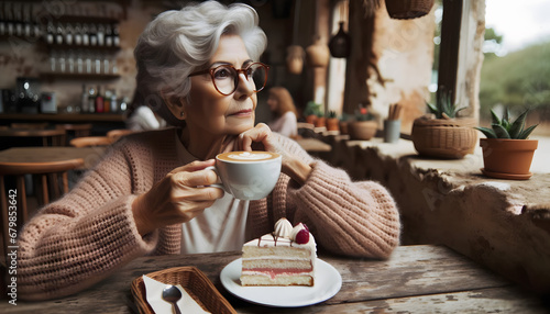 An elderly woman drinking coffee and eating cake at a restaurant