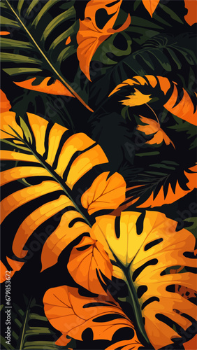 Orange Monstera Leaf Background: Seamless Flat 2D Design