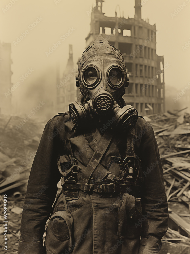 Historical photo of solider wearing a gas mask in a destroyed city Historical photo of solider wearing a gas mask in a destroyed city