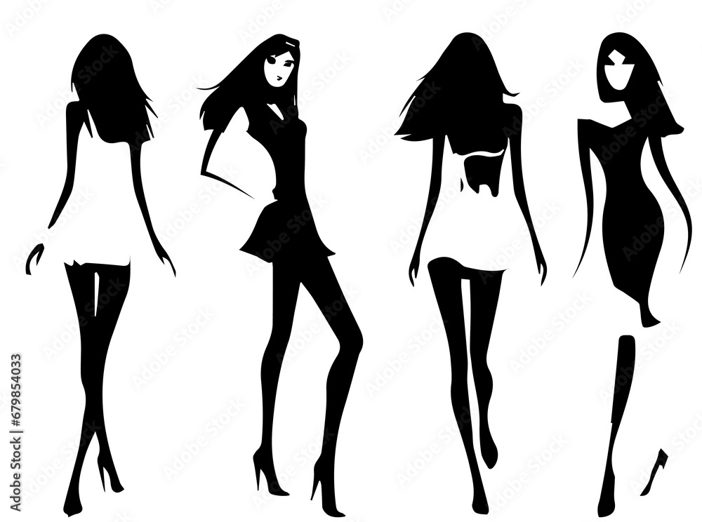 There are four slender female models on the catwalk. Front, side and back views. Stylization. Black silhouette on a white background There are four slender female models on the catwalk. Front, side and back views. Stylization. Black silhouette on a white background