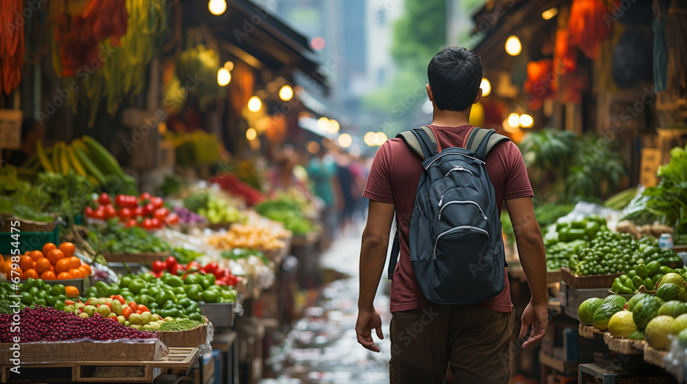 Young Adult Man with a Backpack Walking the Bountiful Farmers Market. Generative AI. Young Adult Man with a Backpack Walking the Bountiful Farmers Market. Generative AI.