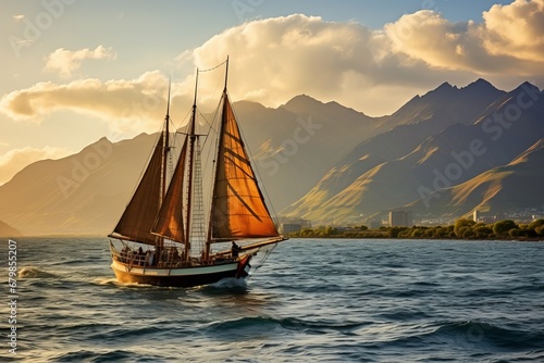 Majestic Sailing Ship Amidst Serene Seas and Enchanting Mountain Scenery. Dawns Elegance.