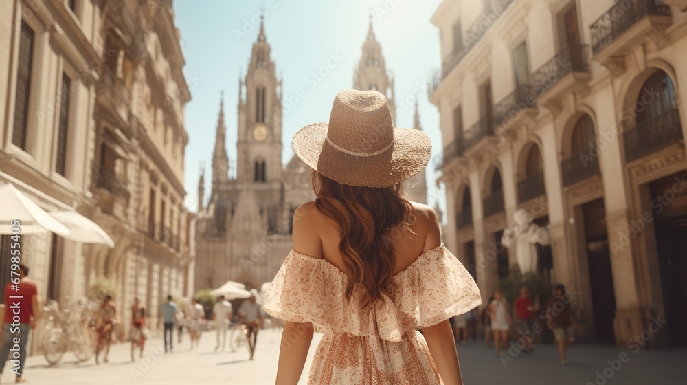 pretty woman tourist walking by old European city, person have summer vacation at Europe, female travel by streets of Italy or France