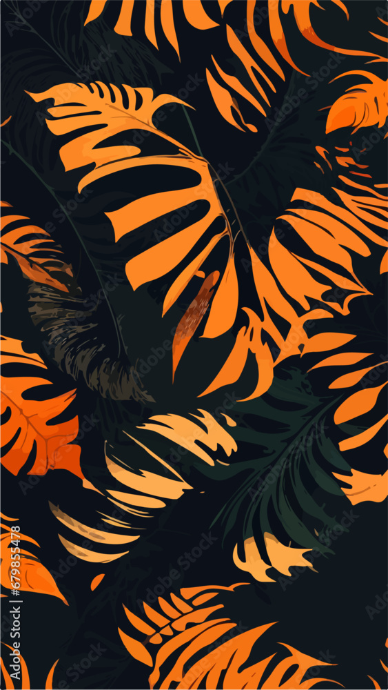 Monstera Leaf Seamless Pattern: Flat 2D Vector in Orange Hue