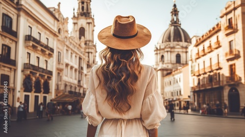 pretty woman tourist walking by old European city, person have summer vacation at Europe, female travel by streets of Italy or France