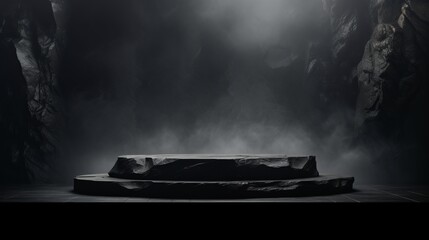 Podium black dark smoke background product platform abstract stage texture fog spotlight. Dark black floor podium dramatic empty night room table concrete wall scene place display studio smoky dust