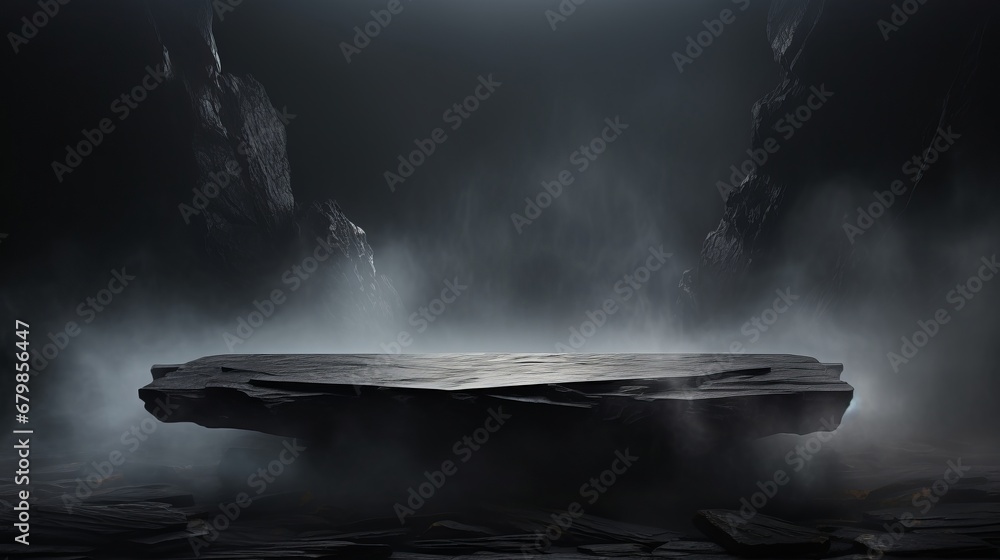 Fototapeta premium Podium black dark smoke background product platform abstract stage texture fog spotlight. Dark black floor podium dramatic empty night room table concrete wall scene place display studio smoky dust