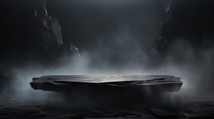 Podium black dark smoke background product platform abstract stage texture fog spotlight. Dark black floor podium dramatic empty night room table concrete wall scene place display studio smoky dust