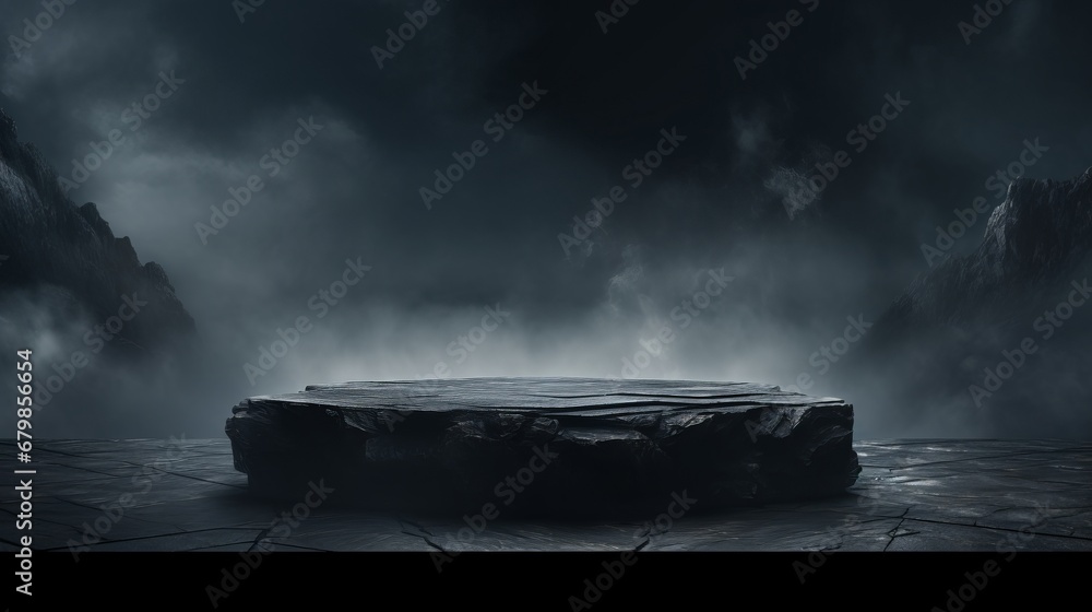 Podium black dark smoke background product platform abstract stage texture fog spotlight. Dark black floor podium dramatic empty night room table concrete wall scene place display studio smoky dust - obrazy, fototapety, plakaty 