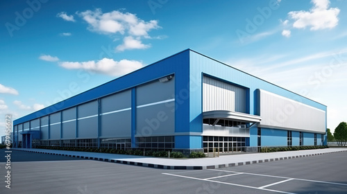 Blue grey Outside of Logistics Warehouse with Open Door, Truck Delivering Online Orders, Purchases, E-Commerce Goods, Wholesale Merchandise. © Nataliya