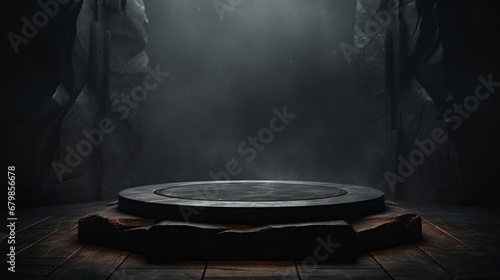Podium black dark smoke background product platform abstract stage texture fog spotlight. Dark black floor podium dramatic empty night room table concrete wall scene place display studio smoky dust photo