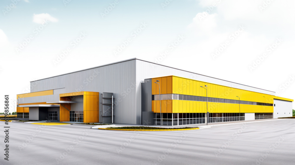 Fototapeta premium Grey yellow Outside of Logistics Warehouse with Open Door, Truck Delivering Online Orders, Purchases, E-Commerce Goods, Wholesale Merchandise.