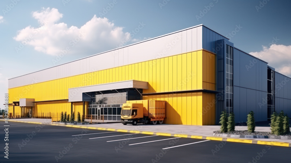 Grey yellow Outside of Logistics Warehouse with Open Door, Truck Delivering Online Orders, Purchases, E-Commerce Goods, Wholesale Merchandise. Grey yellow Outside of Logistics Warehouse with Open Door, Truck Delivering Online Orders, Purchases, E-Commerce Goods, Wholesale Merchandise.