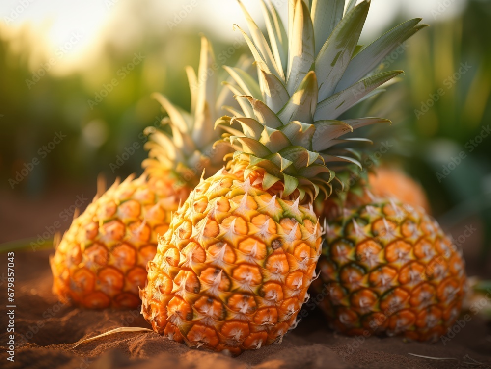 Ripe Pineapples Growing in the Tropical Sunlight Ripe Pineapples Growing in the Tropical Sunlight