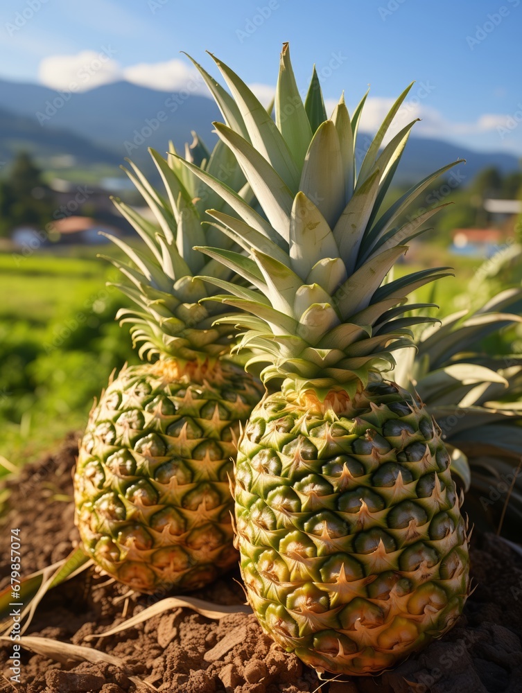 Obraz premium Ripe Pineapples Growing in the Tropical Sunlight