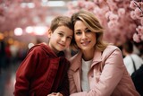 Cherished Moments: Mother and Son Enjoying Spring Blossoms
