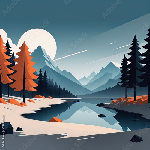 mountain river with pine trees, mountain river and forest in winter. mountain river with pine t