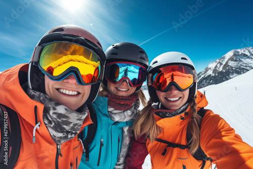 Happy friends having fun on the snow and making selfie © Golden_hind