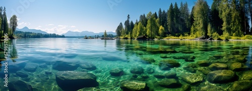 Crystal Clear Waters: Serene Lake with Forested Mountainscape