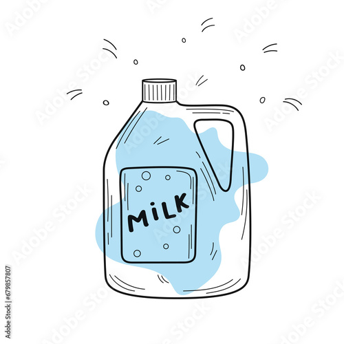 Plastic bottle of milk. Organic homemade food. Vector illustration in hand drawn doodle style. Nutrition concept. Kitchen image. Illustration for a cookbook.