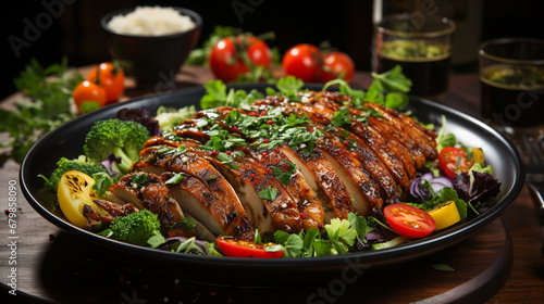 Grilled chicken breast, fillet fresh vegetable salad. Healthy lunch menu chicken meat. generative ai