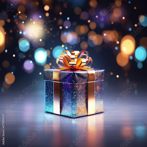 Christmas style Product podium scene with flying falling white gift box with gold bow. Merry Christmas and New Year festive banner design, greeting card. AI technology.