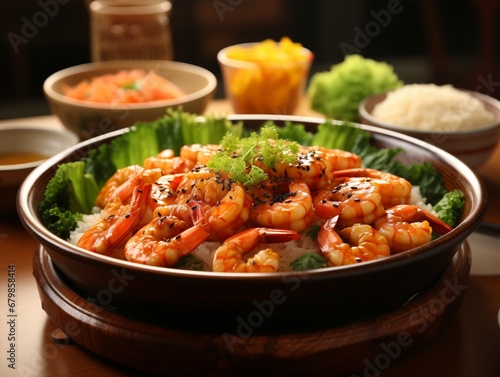 Shrimp and Rice Dish With Garnish