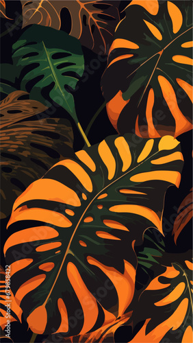 Monstera Leaf Background: Bright Orange Seamless Pattern