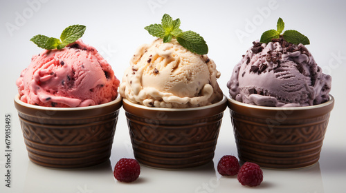 Neapolitan ice cream scoops in white cups of chocolate, strawberry, vanilla flavors. generative ai