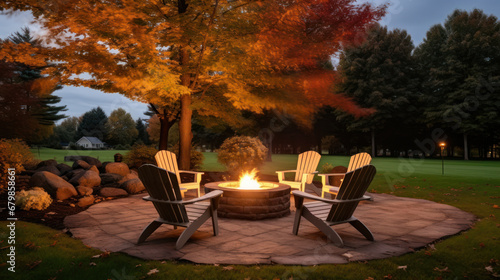 A patio with a firepit in garden