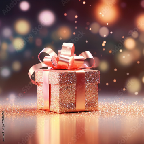 Christmas style Product podium scene with flying falling white gift box with gold bow. Merry Christmas and New Year festive banner design, greeting card. AI technology.