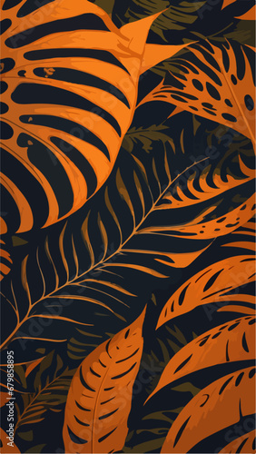 Tropical Monstera Leaf: Orange Flat 2D Seamless Vector
