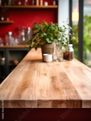 Blurred kitchen interior. Wooden table background of free space for your decoration and blurred background of kitchen.