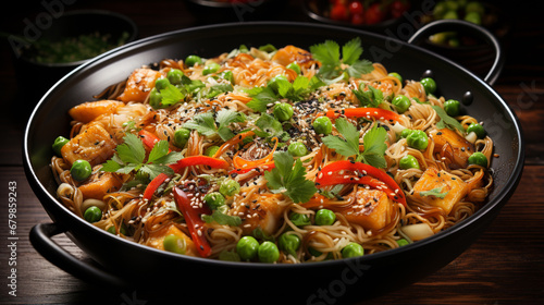Stir fry noodles with vegetables and shrimps in black bowl Slate background Copy space generative ai