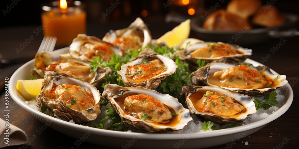 Fresh oysters in a plate with ice on restaurant background. Seafood platter with oysters. Generated by AI Fresh oysters in a plate with ice on restaurant background. Seafood platter with oysters. Generated by AI