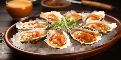 Fresh oysters in a plate with ice on restaurant background. Seafood platter with oysters. Generated by AI