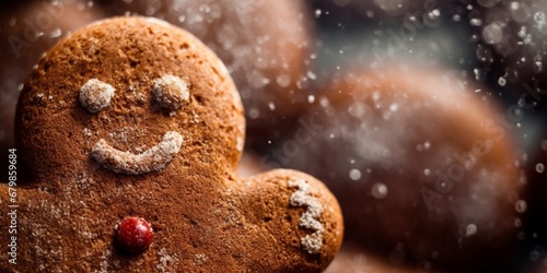 Gingerbread man close-up macro banner for Christmas and new year. Snowy holiday cozy background, wallpaper, copy space, card, poster