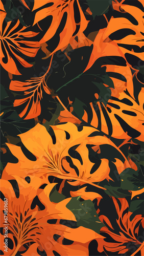 Orange Monstera Leaf Seamless Pattern: Tropical Flat Vector Design