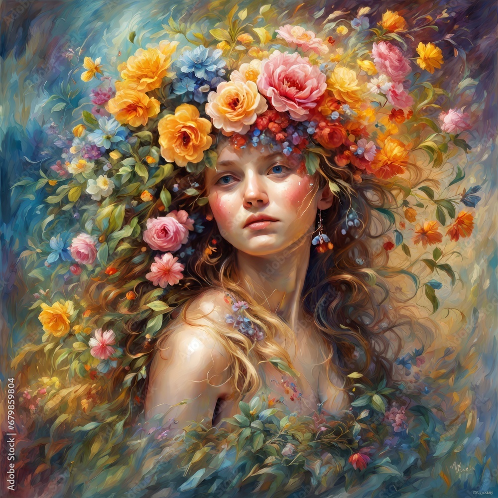beautiful woman with flowers and oil painting beautiful woman with flowers and oil painting por