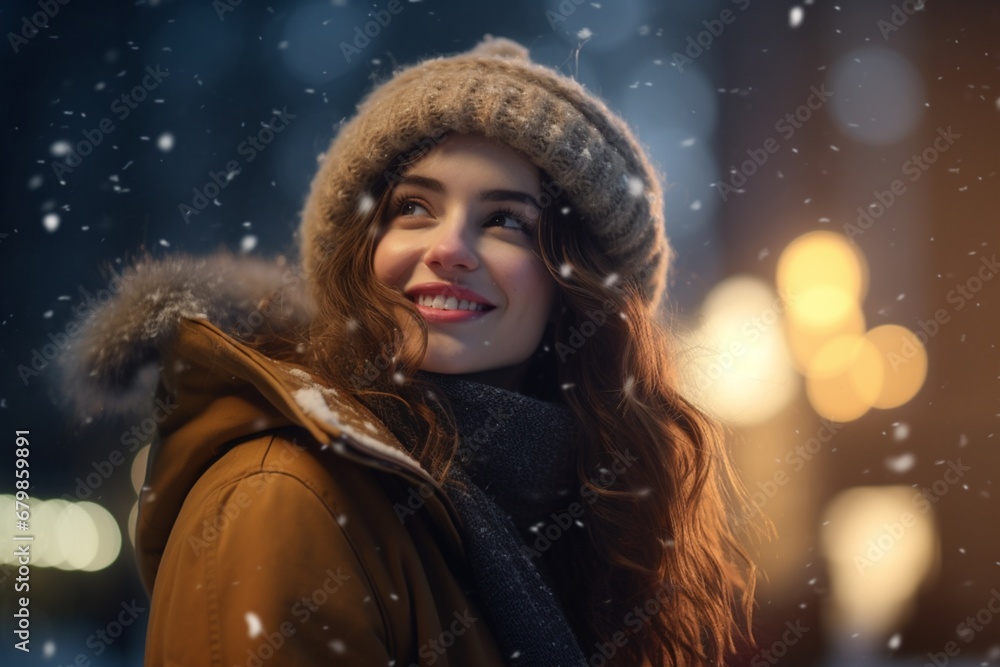Happy girl smiling in a snowfall on a night city background, magical fantasy winter photo Happy girl smiling in a snowfall on a night city background, magical fantasy winter photo